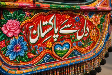 Fototapeta premium Vibrant Pakistani Truck Art with Urdu Calligraphy and Floral Patterns – Traditional Folk Art Illustration for South Asian Culture and Decorative Design