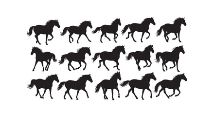 Fototapeta premium Set of various running horse silhouettes capturing motion and energy isolated on white background for creative design projects.