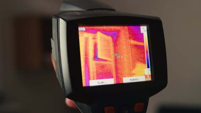 Man technician uses a thermal camera scope to detect heat loss. Engineer using imaging camera diagnosis checking space and people.