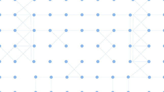 Abstract geometric pattern with interconnected blue dots and lines on a white background, a digital art representation of a network or data structure
