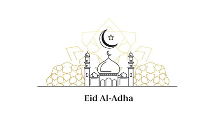 Naklejka premium Islamic mosque with crescent moon and star traditional geometric pattern Eid Al-Adha greeting card design vector illustration