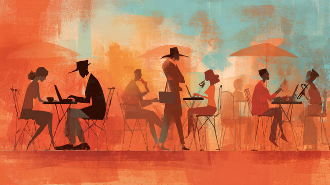 Caf&Atilde;&copy; scene people typing on laptops with smooth jazz background. 