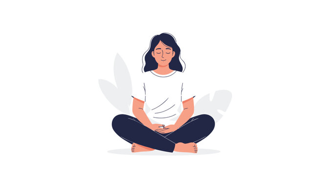 Meditating woman, yoga pose, mindfulness illustration, relaxation vector