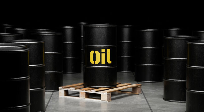 Concept of energy storage and supply. Oil barrel on pallet surrounded by stacks symbolizes inventory and logistics flow. Designed for Oil companies, Oil traders, and Oil logistics or energy market bus