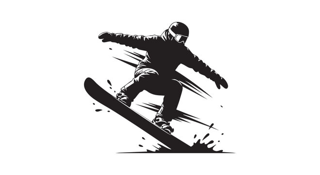 Snowboarder jumping in air performing trick with speed lines and snow spray effect in dynamic black silhouette art.