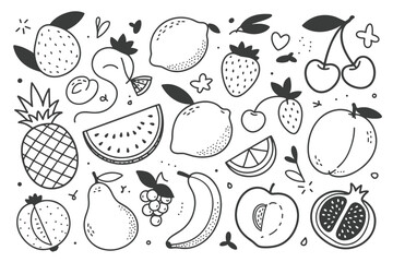 Hand Drawn Doodle Style Assortment of Fruits and Berries with Leaves and Hearts food © Maru