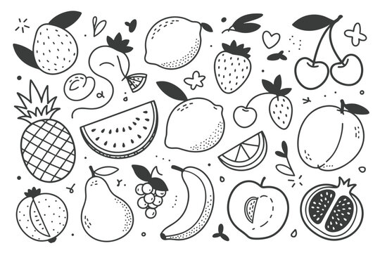 Hand Drawn Doodle Style Assortment of Fruits and Berries with Leaves and Hearts food