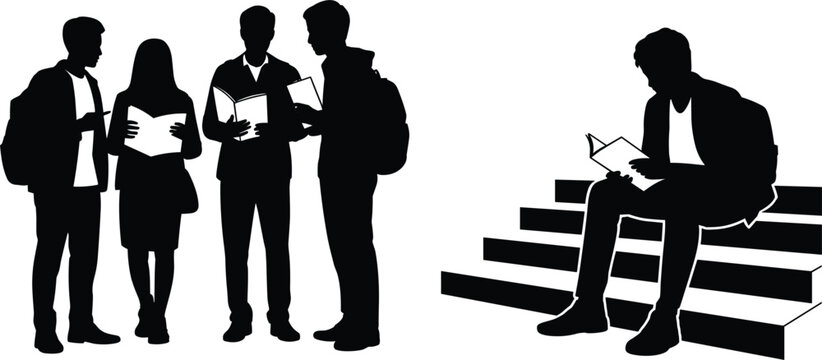 Student silhouettes studying together and alone reading books in academic learning environment