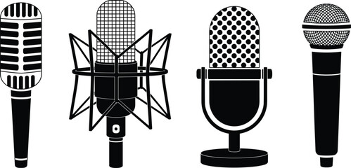 Microphone silhouettes collection featuring vintage studio and handheld audio recording equipment © Masud