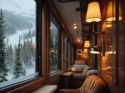 A vintage train carriage&rsquo;s cozy interior overlooks a snowy mountain forest through large windows.