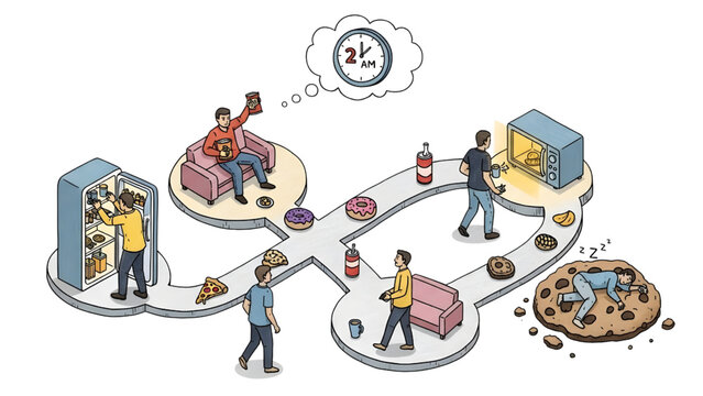 Late-Night Binge Eating Loop System &ndash; Isometric Architectural Human Activity Diagram, Behavioral Workflow Vector Set with Sketchy Imperfect Outline Style on White Background