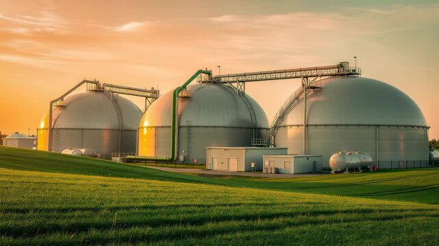 Serene landscape at sunset with green fields and futuristic hydrogen energy technology