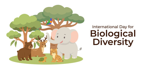 Fototapeta premium Cute animals in forest banner for International Day for Biological Diversity, flat illustration with nature theme, International Day for Biological Diversity concept for eco awareness