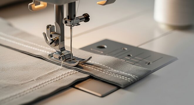 Close-up of sewing machine stitching white fabric on wooden table