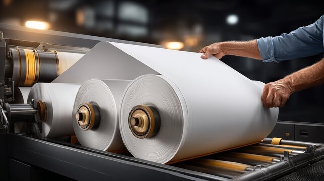Large Paper Rolls Feeding into Production Line in Industrial Factory Setting