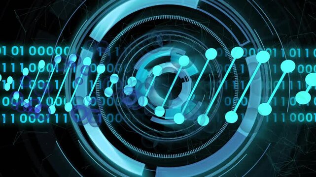 Abstract digital representation of a DNA helix structure with glowing neon blue molecules and interconnected data nodes against a dark cosmic background representing biotechnology and genetic research