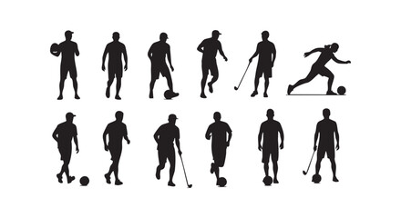 Fototapeta premium Collection of active people silhouettes engaged in sports activities including soccer football and golf players.