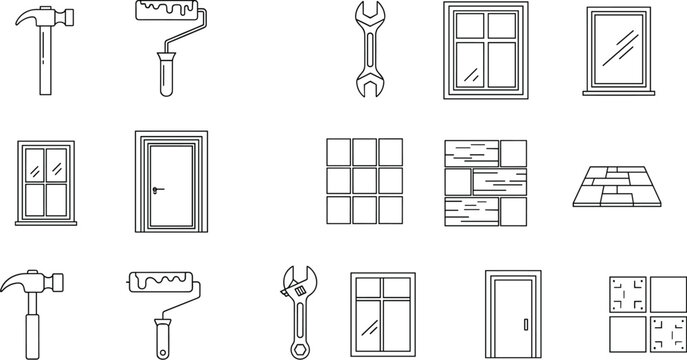 Construction and Home Improvement Tools Set Including Hammer, Wrench, Door, Window, and Tiles in Minimalist Line Art Style