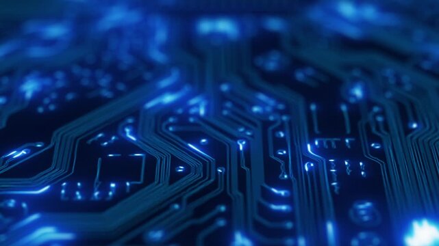 Abstract macro closeup of a futuristic blue glowing circuit board with intricate pathways and connections representing technology and digital data flow in modern computing systems