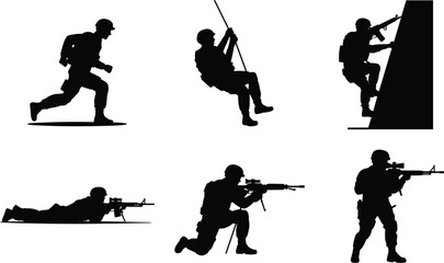 Black silhouettes of armed soldiers performing missions including running shooting and rappelling © Masud