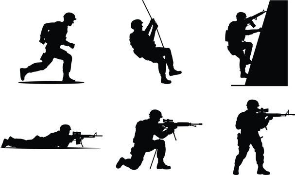 Black silhouettes of armed soldiers performing missions including running shooting and rappelling