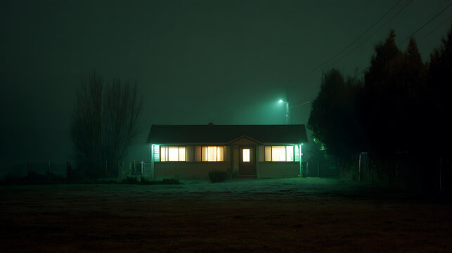 Eerie Suburban House Glowing Under Green Misty Sky at Night, Mysterious and Atmospheric Setting with Bare Trees and Dark Foliage