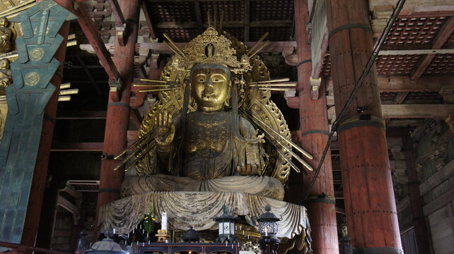 Giant golden Buddha statue inside Todai-ji temple, Nara, Japan