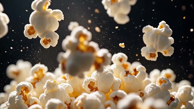 Close up of delicious popcorn exploding in slow motion against a dark background