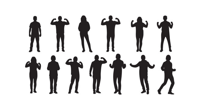 Collection of human silhouettes in various standing and flexing poses for fitness and success related design work.