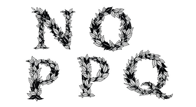 Collection of alphabet letters N O P P Q artistically crafted from detailed hand-drawn leaves and forest foliage.