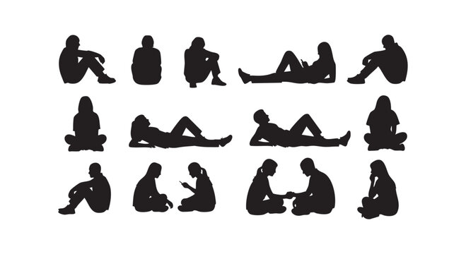Collection of people silhouettes sitting on ground in various casual poses isolated on plain white background set.
