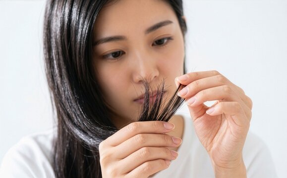 a young Japanese woman holding her hair ends, checking for split ends, hair care concept