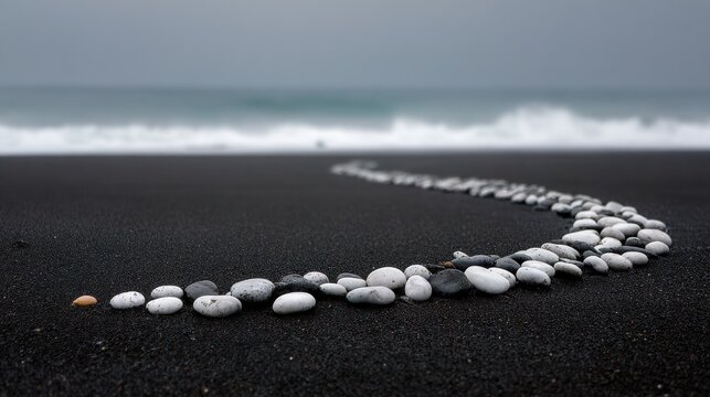 A winding path of smooth white and grey sea pebbles artfully arranged on a dark black sand beach with the ocean in the background