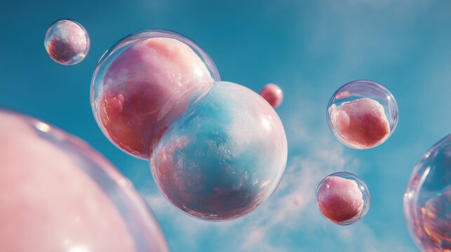 Abstract illustration of spherical orbs floating in a gradient blue sky background