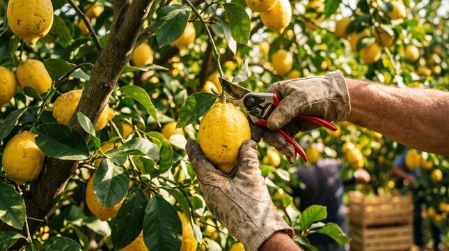 A person wearing gloves cuts a lemon from a tree with red shears in a sunny orchard landscape.