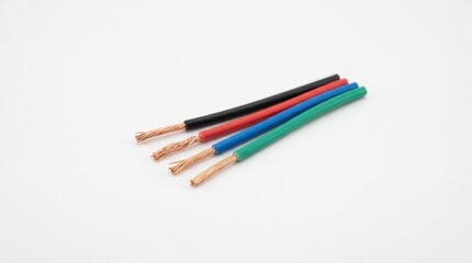 Fototapeta premium Four insulated copper wires with different colored sheaths lie on a surface