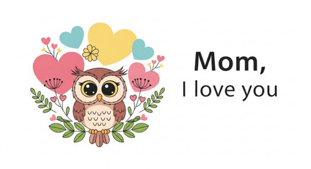 Fototapeta premium Cute owl with hearts and flowers illustration for Mothers Day greeting card or gift mom I love you message