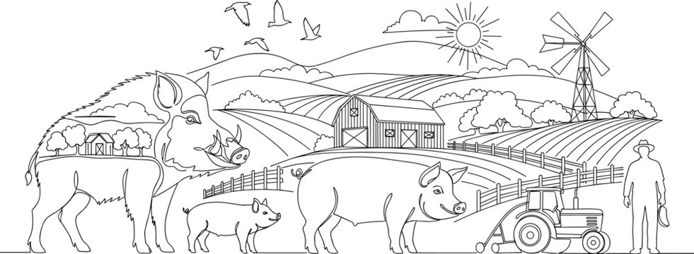 Farm Life Illustration with Pigs, Farmer, Tractor, and Barn in Simple Line Art, Rural Landscape and Nature Scene