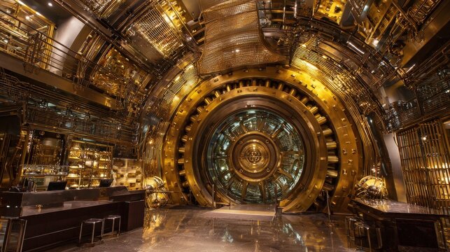 Massive intricate circular gold security vault door entrance with complex metal detailing and reflective floor