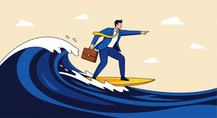 Fototapeta premium Businessman confidently surfing on a large wave, pointing forward with determination.