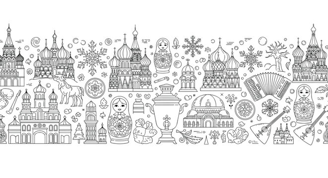 Detailed seamless border pattern of russian traditional elements like matryoshka dolls samovar balalaika and kremlin.