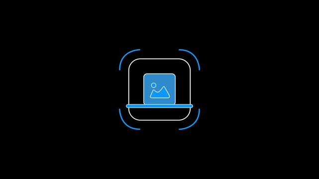Digital image scanner animation with glowing blue light and progress bar on black background. 4k