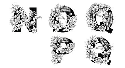 Fototapeta premium Decorative alphabet set features the letters N through R intricately filled with tropical flowers, palm leaves, and toucans.