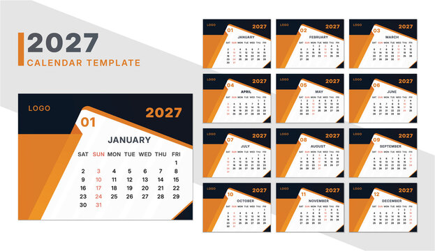 Calendar template for 2027 year. Annual diary planner schedule in minimal design. Corporate calendar, business planner. Minimal monthly calendar 2027 layout Template printable Planner Design.