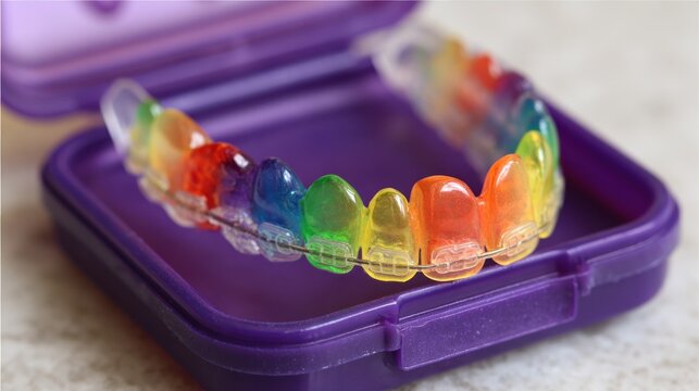 Rainbow colored dental retainer displayed inside a purple case for teeth alignment