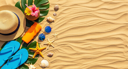 Tropical summer vacation flat lay on sand, beach accessories with coconut cocktail and palm leaves, sunny travel background with copy space © Irhama