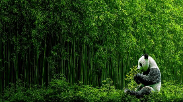 Panda bear in lush green bamboo forest eating leaves with copy space