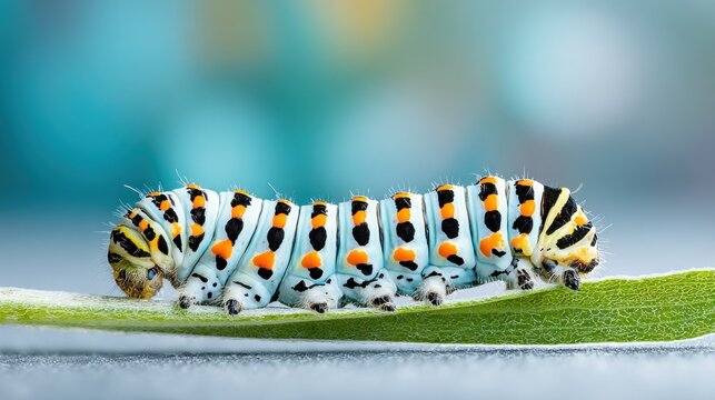 Vibrant caterpillar perched on green leaf macro shot blurred background