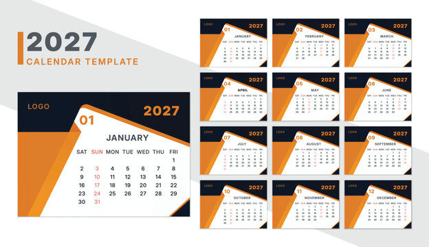 Calendar template for 2027 year. Annual diary planner schedule in minimal design. Corporate calendar, business planner. Minimal monthly calendar 2027 layout Template printable Planner Design.