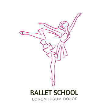 Ballet school logo design with dancing ballerina. Minimalist line art vector illustration of a girl in dress